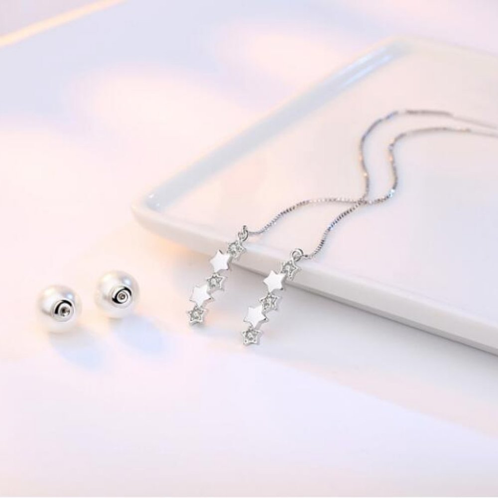 925 Sterling Silver Diamond Star Pearl Earrings - Picture 6 of 8